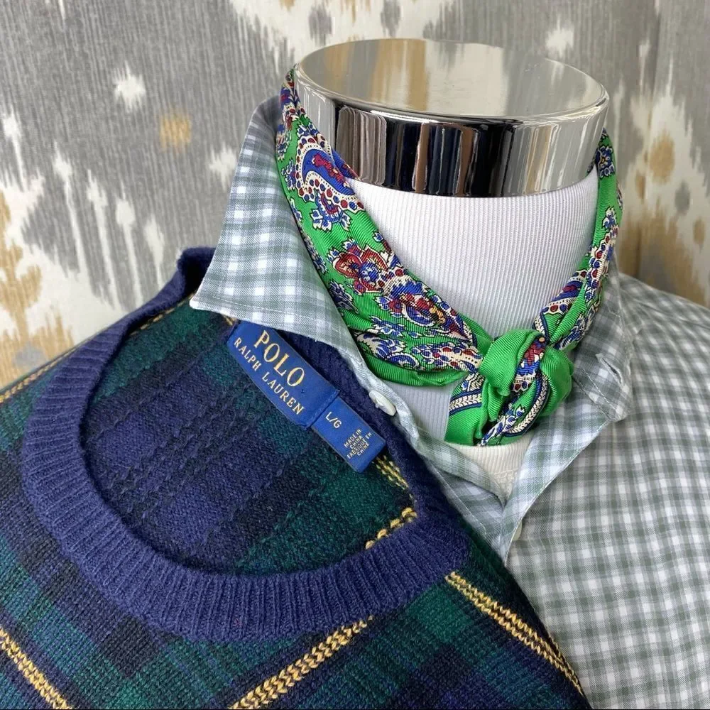 Polo Ralph Lauren ~ Tartan Plaid Merino Wool & Suede Crewneck Sweater